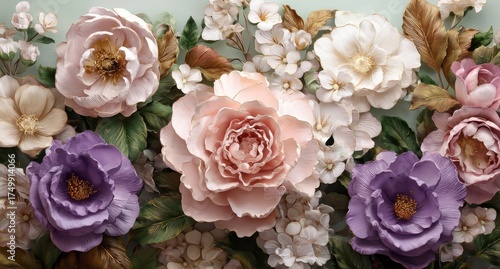 Elegant floral arrangement, soft colors, detailed paper art, delicate petals, lush, green leaves