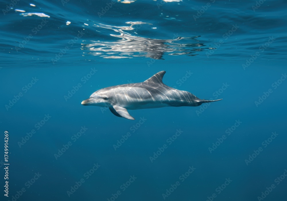 Fototapeta premium Dolphin Swimming Gracefully Underwater in Sunlight
