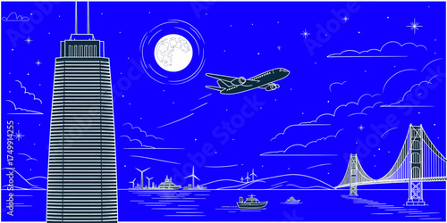 Nighttime cityscape illustration featuring a skyscraper bridge and airplane rendered in a pixel art style perfect for travel and urban themes