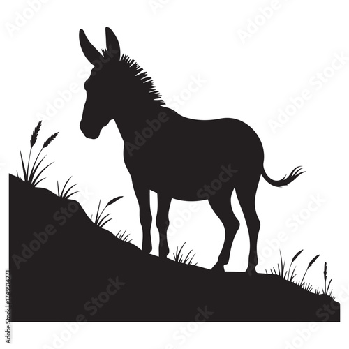 Vector art of silhouette of a donkey standing on a grassy hill, , a simple yet evocative depiction of rural life