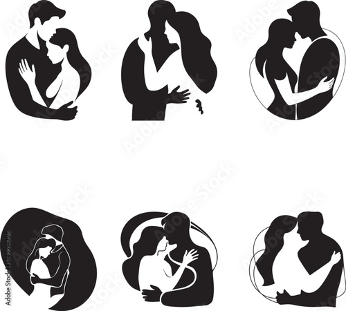Collection of six romantic couple embracing silhouettes in a modern artistic style silhouette