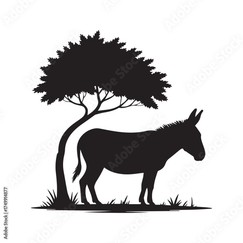 Vector art of silhouette of a donkey standing under a tree, , creating a peaceful and serene scene in black
