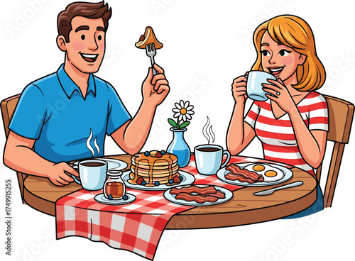 Cartoon illustration of two people enjoying breakfast together, pancakes and coffee on table, cheerful morning routine, friendship, lifestyle, food culture concept