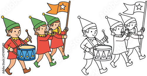 Adorable Christmas Elf Band Marching with Drums, Trumpet, and Flag - Festive Cartoon Illustration for Holiday Cheer