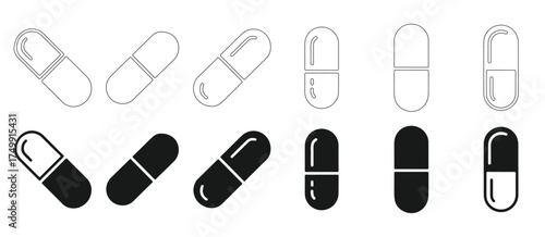 Collection of medical capsule outlines and solid shapes for healthcare and pharmaceutical concepts