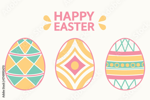 cheerful Easter greeting featuring three decorated eggs in pastel colors. 