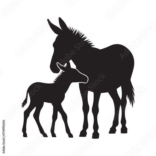 Vector art of silhouette of a mother donkey and her foal, , creating a heartwarming and tender scene of animal love