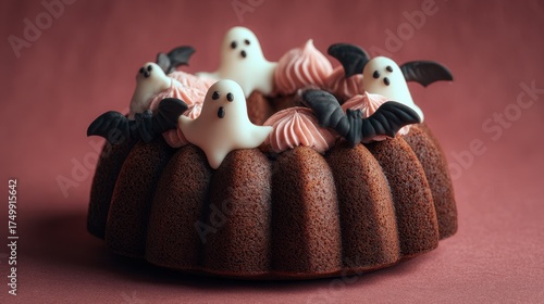 Chocolate Halloween cake with colorful edible ghosts. .