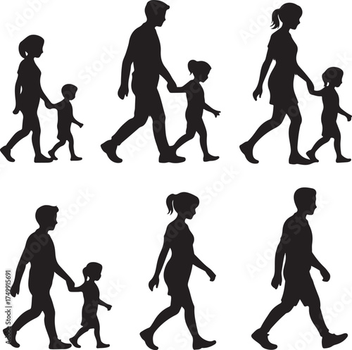 Collection of diverse family silhouettes walking together representing unity and togetherness in a minimalist style silhouette