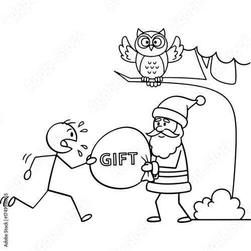 A funny Christmas parody illustration, a scared stick figure running away from Santa Claus who has come to deliver presents. The doodle captures the stress and anxiety of the holidays in a fun way.