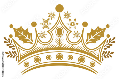 Vector art of golden crown with holly and snowflakes