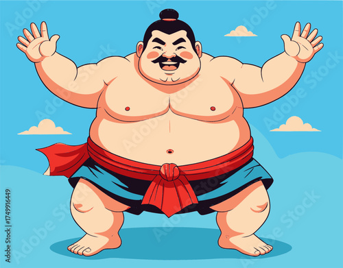 Cute Cartoon Sumo Wrestler Vector Illustration with Happy Expression.
