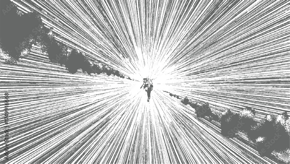 Obraz premium Lone figure walking towards bright light amidst abstract streaks person