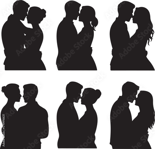 Six romantic couple silhouettes embracing and kissing in tender moments silhouette