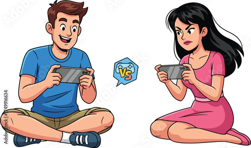 Cartoon illustration of two people playing handheld video games, competitive gaming match, friends sitting on floor, fun entertainment concept