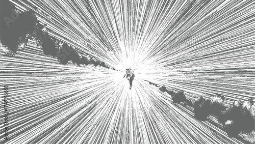 Lone figure walking towards bright light amidst abstract streaks person