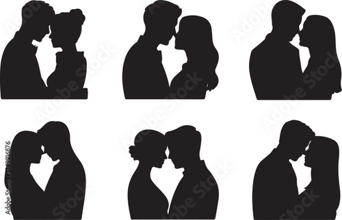 Collection of six romantic couple silhouettes embracing closely in tender moments silhouette
