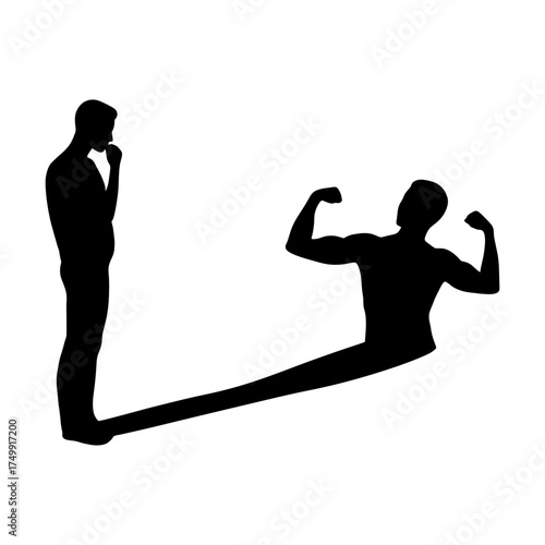 Man with a small belly looking at his shadow envisioning a strong athlete, vector  