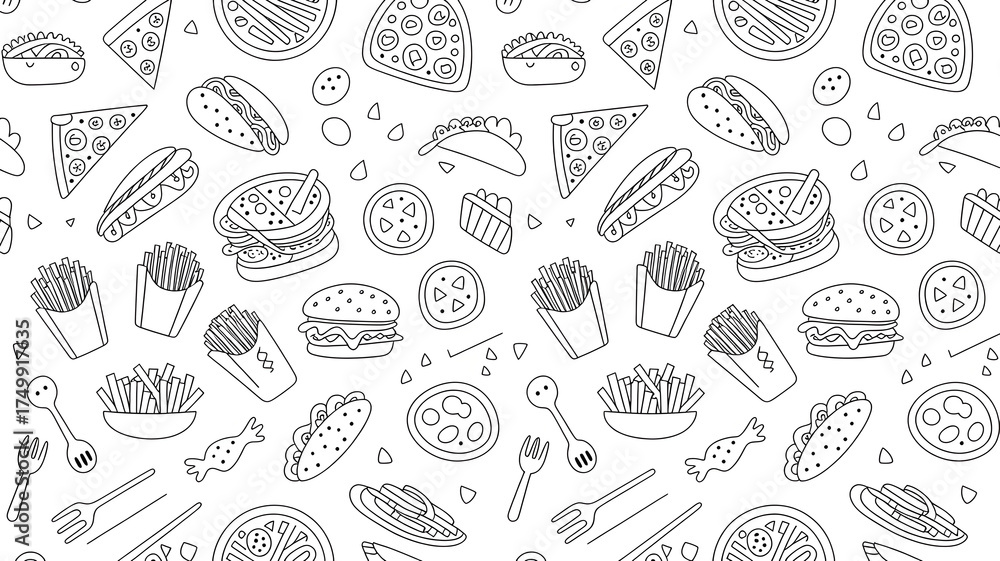 Fast Food Seamless Doodle Pattern with Burger, Pizza, Fries, Taco, Hotdog, Outline