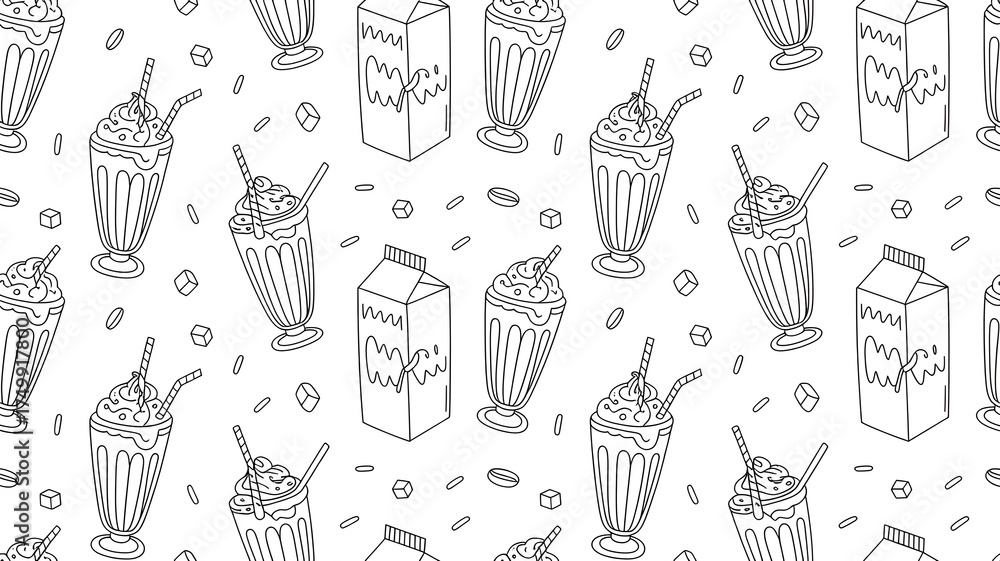 Milkshake, Coffee Bean, and Milk Carton Seamless Pattern for Beverage Industry Applications