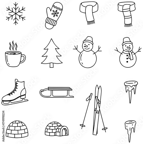 Delightful winter doodles set for holiday designs and festive projects, cheerful and charming