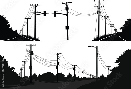 Silhouette of suburban road with utility poles, traffic light, streetlight, power lines, roadside vegetation, electricity distribution, urban infrastructure, high  