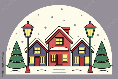 Vector art of cozy winter village with snow and christmas trees