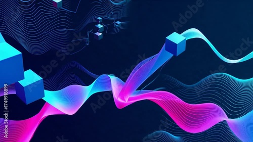 Abstract digital background with flowing neon waves and geometric cubes, representing data visualization and technological concepts.