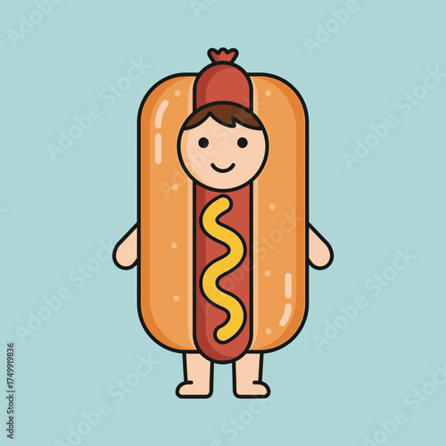 Cartoon illustration of a person in a hot dog costume on light blue.