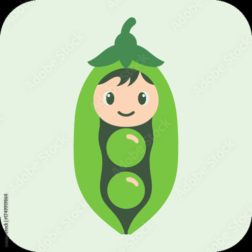 Cartoon illustration of a child's face inside a green pea pod.