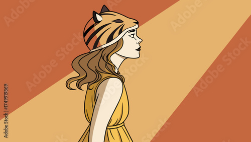 Elegant 3D cartoon lady with tiger mask and golden dress posing in bright orange