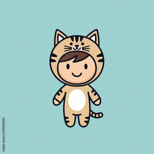 Cartoon child in a cat costume stands against a light blue background.