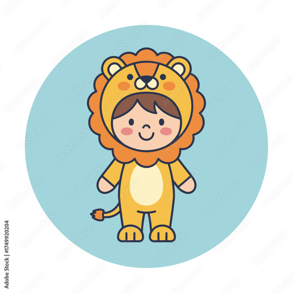 Fototapeta premium Child in lion costume illustration on a light blue circular background.