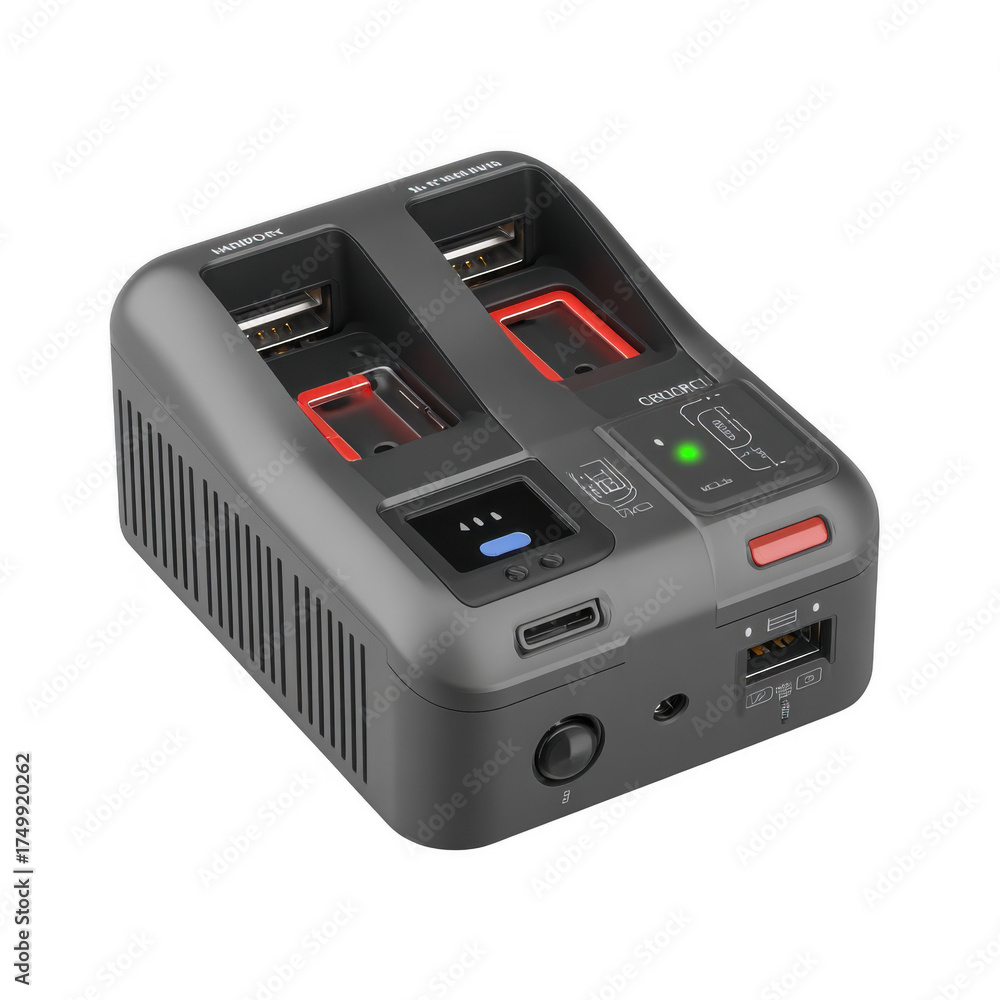 Fototapeta premium ompact camera battery charger with dual slots and LED charge indicators [Transparent Background PNG].