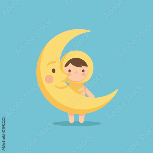 Cartoon child hugs a crescent moon with a face on a blue background.