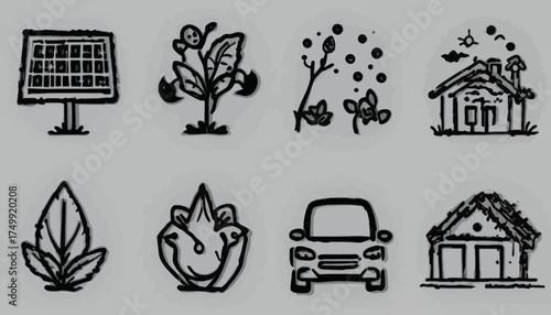 Set of eco-friendly icons hand-drawn vector symbols representing sustainable living perfect for environmental awareness campaigns and educational materials