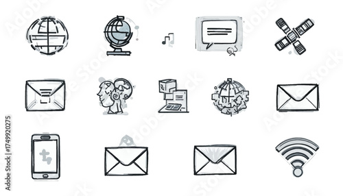 Hand drawn communication icon set vector illustration of global connection message and technology for web design and infographic elements