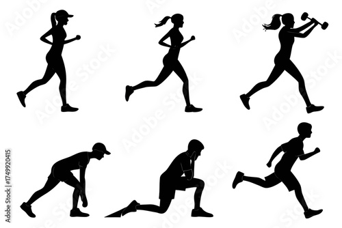 set of Running & Fitness Silhouette Vector Collection Isolated on White Background