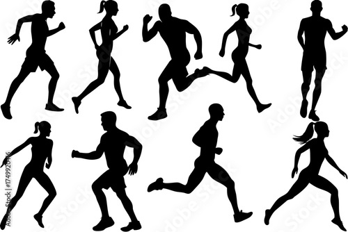 set of Running & Fitness Silhouette Vector Collection Isolated on White Background