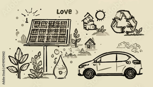 Doodle illustration of sustainable living featuring solar panels recycling and electric car promoting eco-friendly lifestyle and environmental awareness