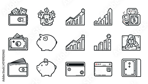 Set of finance and investment icons simple line vector design for business and banking applications isolated on white background