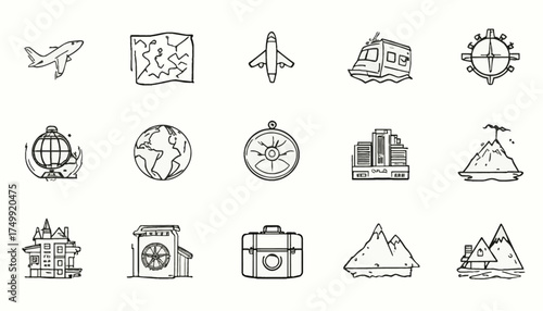 Travel and tourism icon set hand-drawn vector illustration of airplane map train and compass isolated on white background