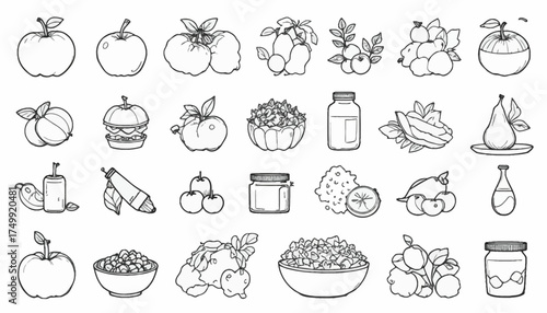 Set of food icons minimalist line art vector illustration for menu design recipe book or healthy eating app