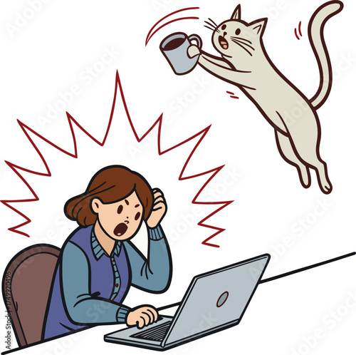 Funny Cat Spilling Coffee on Working Woman’s Laptop