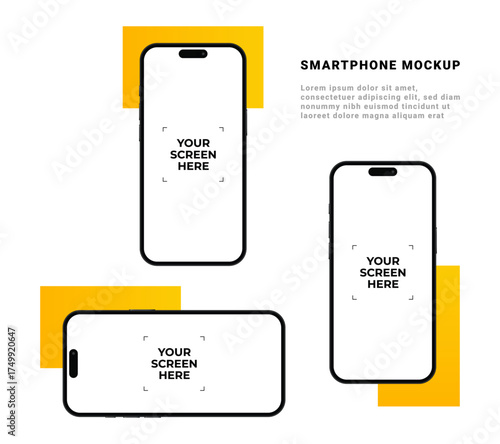 Smartphone 3d mockups with empty white screens featuring app design template