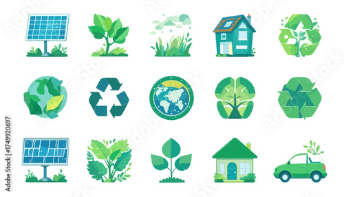 Set of green ecology icons flat vector design elements for sustainable living isolated on white background