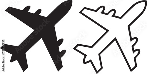 Black and white icons of a solid airplane and an outline airplane Keywords: airplane, aircraft, plane
