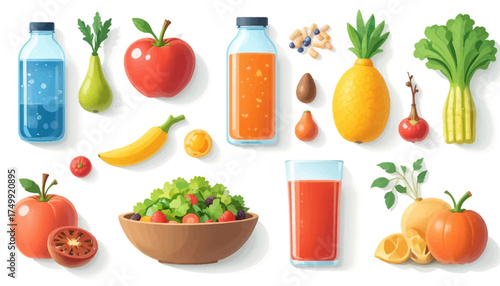 Healthy food assortment fresh fruits and vegetables nutritious diet for wellness and balanced lifestyle isolated on white background