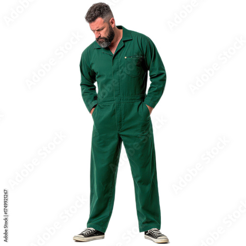 Man in Green Coveralls Looking Down with Serious Expression in Isolated Studio Environment