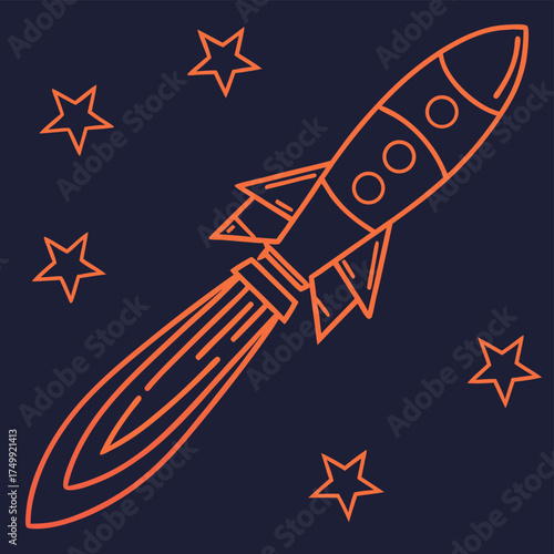 High quality illustration of a stylized rocket ship launching into space among stars vector